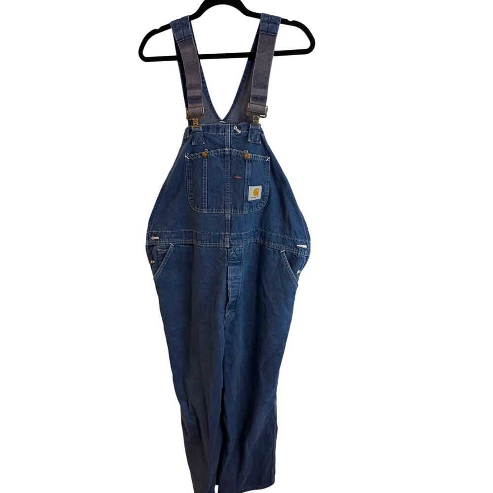 Vintage Carhartt Denim Loose Fit Overalls Bibs Sz 42x29.5 Blue Workwear Nice Con